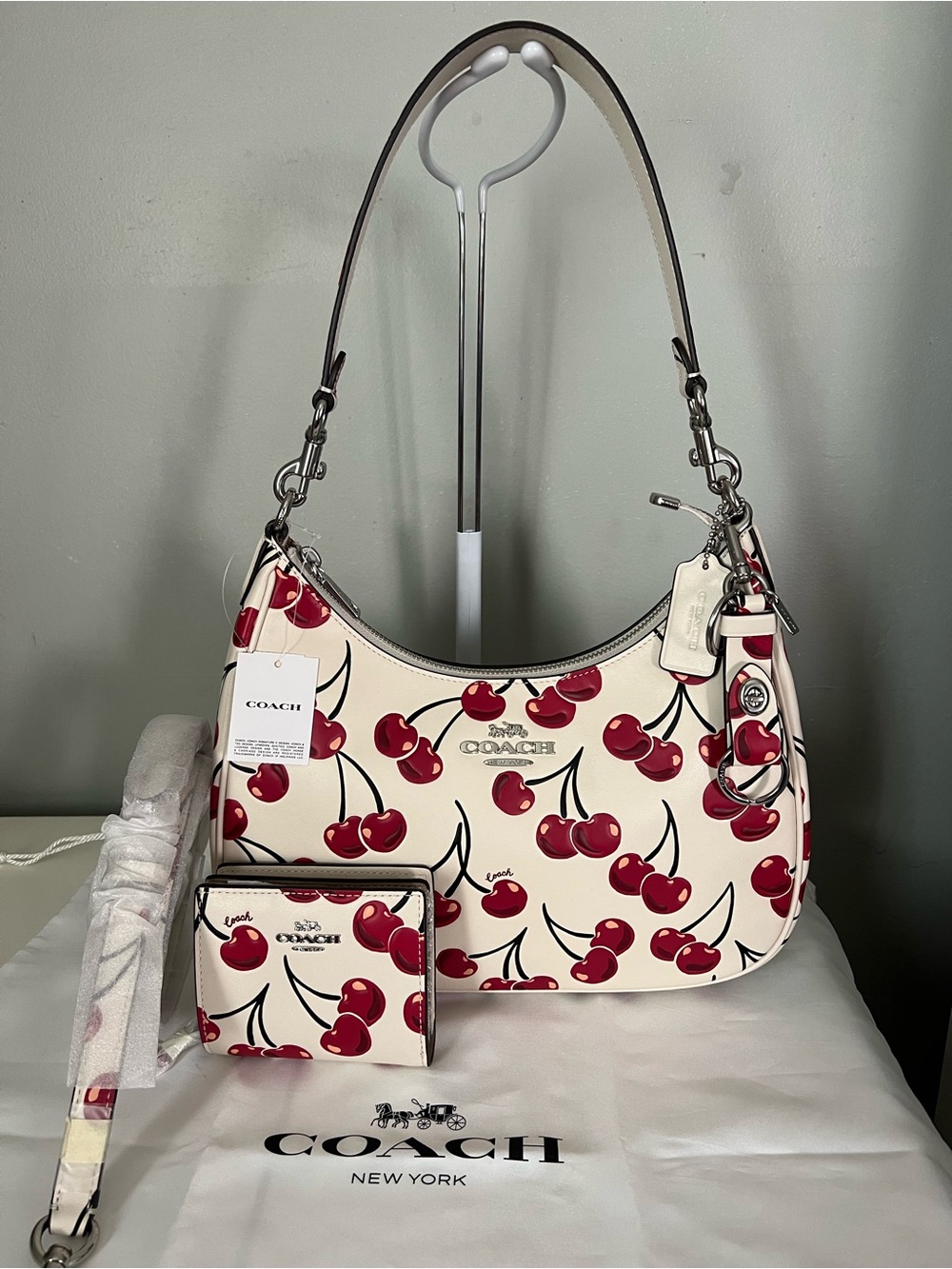 Coach Teri Hobo Bag With Cherry Print, Matching Wallet And Keychain 3 pieces Set